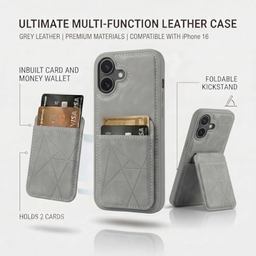 Image of amazon basics Premium Vegan Leather Back Cover with Card Holder and Integrated Mobile Stand for iPhone 16 - Slim Shockproof Wallet Case with Geometric Stitching [Gray]