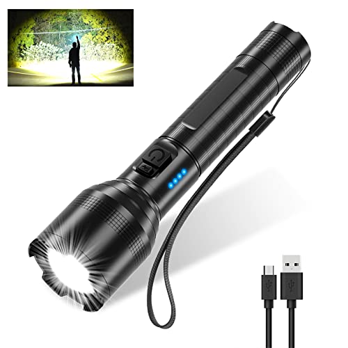 DanByte Rechargeable Tactical Flashlight, High Lumens LED Flashlight Super Bright USB Rechargeable Flashlight with Power Display, Zoomable, IPX7 Waterproof, 5 Modes for Camping