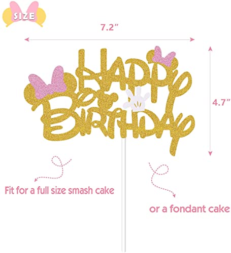 Pink And Gold Glitter Minnie Inspired Happy Birthday Cake Topper With Pink Bows And White Gloves Girls Birthday Party Decorations Supplies #TOP1