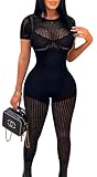 ZileZile Women's Sexy See Through One Piece Short Sleeve Bodycon Outfit Cut Out Jumpsuit Black