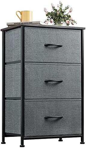 WLIVE Nightstand with 3 Drawers, Fabric Dresser, Organizer Unit, Storage Dresser for Bedroom, Hallway, Entryway, Closets, Sturdy Steel Frame, Wood Top, Easy Pull Handle, Dark Grey