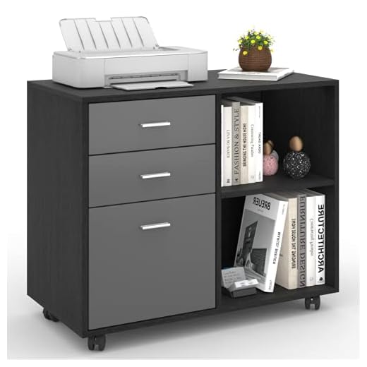 WILLIAMSPACE 3-Drawer Wood File Cabinet, Mobile Lateral Filing Cabinet on Wheels for Printer Stand with Open Storage Shelves for Home Office (Black Oak + Dark Grey)
