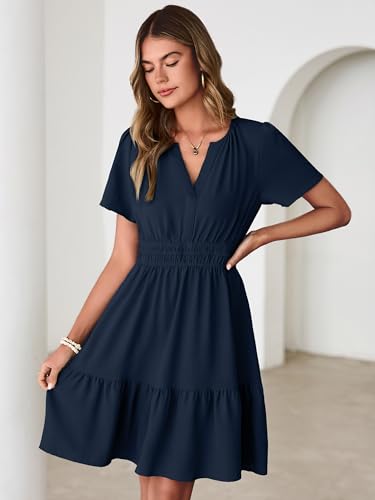 Image of Simplee Womens Casual Summer Dresses 2026 V Neck Short Sleeve Empire Waist Flowy A Line Ruffle Tiered Mini Sundress