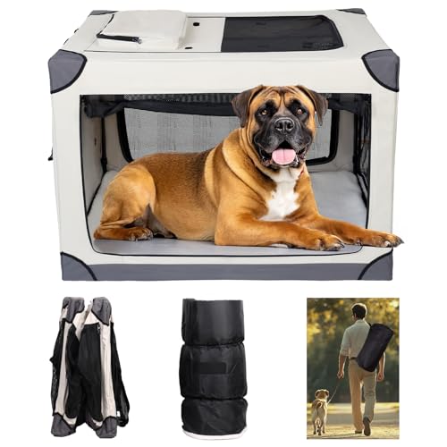 42-Inch-Foldable-Dog-Crate-Portable-Puppy-Travel-Crate-Kennel-for-Large-Dog-4-Door-Pet-Crate-with-Mesh-Windows-Indoor-Outdoor 42 Inch Foldable Dog Crate Portable Puppy Travel Crate Kennel for Large Dog 4 Door Pet Crate with Mesh Windows Indoor Outdoor