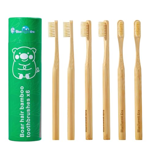 BlueForest Era Boar Bristle Toothbrush All Natural Bamboo Toothbrushes Medium 6 Pack Plastic Free Toothbrushes No Toxic Boar Hair Toothbrush Organic Non Plastic Wooden Tooth Brushes for Adults