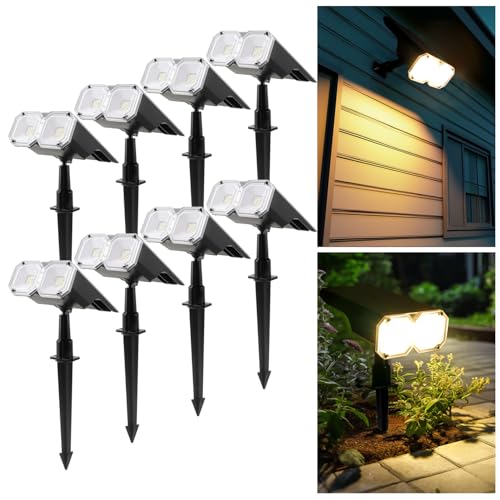 Solarlampen für außen, LED Solarstrahler Außen mit Erdspieß, 2 Helligkeitsstufe solar gartenleuchte, 18 LEDs 6000K IP65 Wasserdichte Wandleuchte Pflanzenstrahler für Patio Pfad Hof Garten (2er Pack)