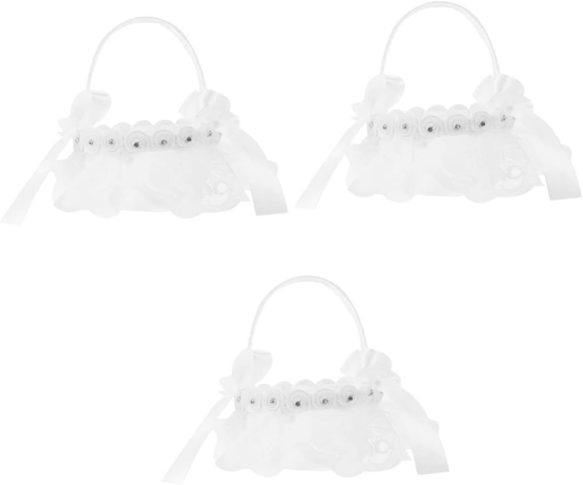 4pcs Satin Pearl Vintage Handle Rustic Wedding Mini Small Favor Decor Girl Petal Round Decoration Supplies Basket Baskets Celebration Ceremony Gift Party Container Child Fairy (Whitex3pcs