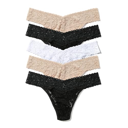 Image of hanky panky - Signature Lace Original Rise Thongs for Women (5 pack) | One Size fits 4-14 | Black, Black, Chai, Chai, White | No VPL, Soft Nylon Stretchy Lace, Sexy Underwear for women