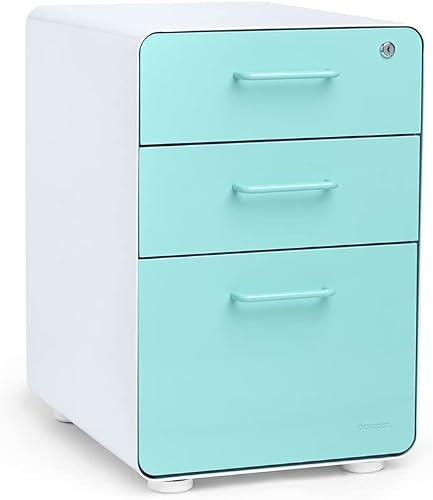 Poppin Stow 3-Drawer File Cabinet - White + Aqua, 2 Utility Drawers and 1 Hanging File Drawer, Fully Painted Inside and Out, Powder-Coated Steel, Two Keys Included, Stationary