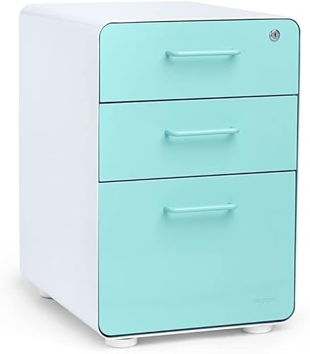 Poppin Stow 3-Drawer File Cabinet - White + Aqua, 2 Utility Drawers and 1 Hanging File Drawer, Fully Painted Inside and Out, Powder-Coated Steel, Two Keys Included, Stationary
