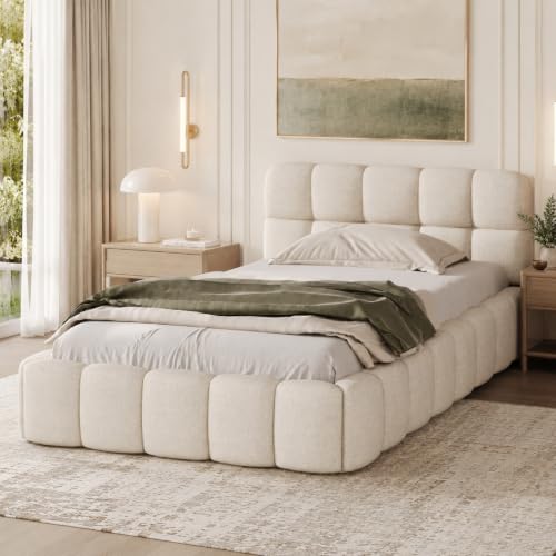 Image of OLIVIBED Single Bed Frame with Headboard, 3ft Ottoman Bed with Slatted Frame, Modern Style Upholstered Bed in Linen Fabric, No Mattress, 90x190cm, Beige