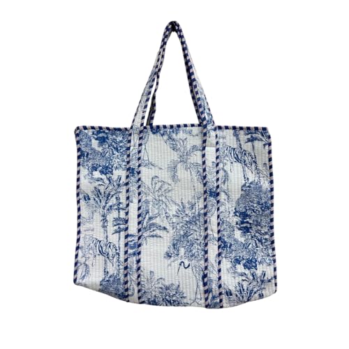 Quilted Beach Tote Bag with Tropical Palm Print, Blue and White, Cotton Canvas, Large Carry-All for Summer