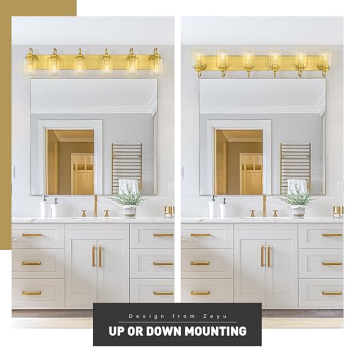 Image of zeyu 44 Inch Brushed Gold Bathroom Light Fixtures, 6 Lights Vintage Wall Light, Modern Vanity Light with Clear Glass Shade, ZSL72B-6W BG