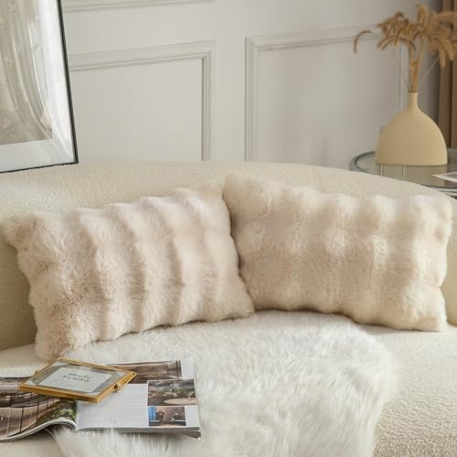 Image of MANDIOO Pack of 2 Thick Plush Wool Decorative Throw Pillow Covers Super Soft Wave Bubble Fur Velvet Cushion Covers Pillow Shams for Couch Bed Living Room 16x24 Inch Beige