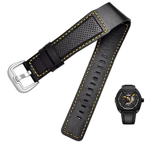 Bracelet cuir noir 24mm Dietrich OTC-AO1 accessoire montre rechange perforé jaune argent