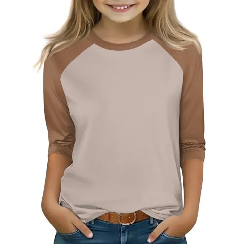 Cute Tops for Teen Girls Trendy 3/4 Sleeve Crew Neck Graphic Blouses Flowy Tops Curved Hem Summer Kids Clothes