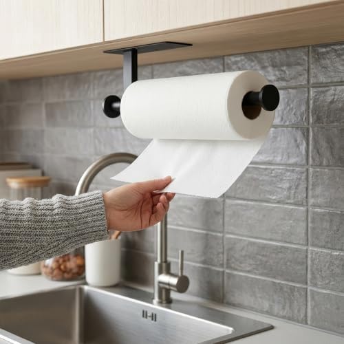 FISHCLOUD Paper Towel Holder Wall Mount - Self Adhesive No Drill or Drilling, SUS304 Stainless Steel - Kitchen, Bathroom, Sink, Pantry, Fridge(Black) — view 6
