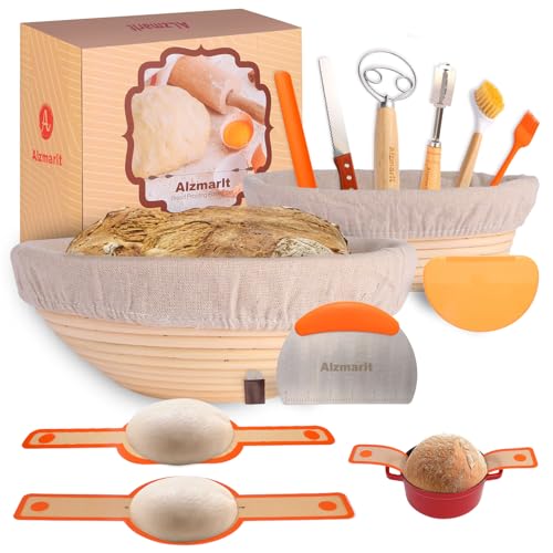 Alzmarlt 9-Inch Round & 10-Oval Bread Banneton Proofing Basket - Set of 2, Sourdough Baking Supplies with Bread Knife & Silicone Sling