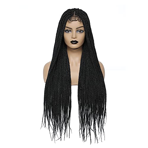 Braided Wigs, 30” Pure Handmade Micro Braided Straight Synthetic Hair Lace Front Wigs with Babay Hair for Women