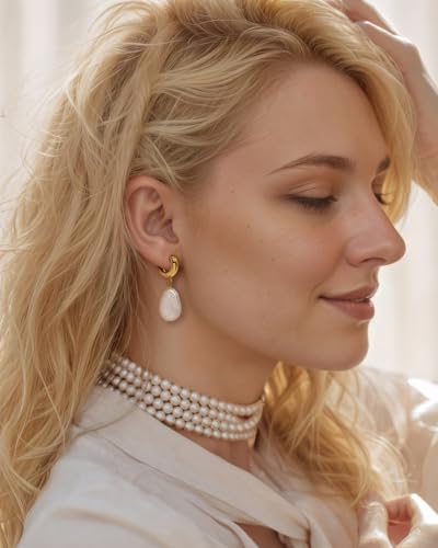 Freshwater Baroque Pearl Drop Dangle Earrings for Women, 14K Gold-plated Chunky Pearl Hoop Earring for Sensitive Ears, Big Hoop Huggie Drop Dangle Earring Hypoallergenic Trendy for Women Gifts3