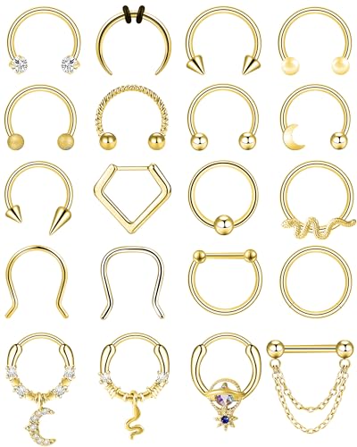 ONESING 20pcs Gold Septum Rings 16G Surgical Steel Septum Jewelry Hypoallergenic Horseshoe Helix Daith Tragus Cartilage Hoop Lip Rings Septum Piercing for Women Men 10mm