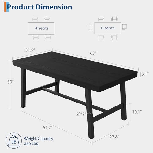 GarveeHome-Industrial-Dining-Table-for-4-6-People-63-in-Long-Wooden-Kitchen-Table-with-Sturdy-Metal-Frame-Natural-Wood-Finish-Seats-4-Rectangular-Counter-for-Dinner-Kitchen-Dining-Room-Black