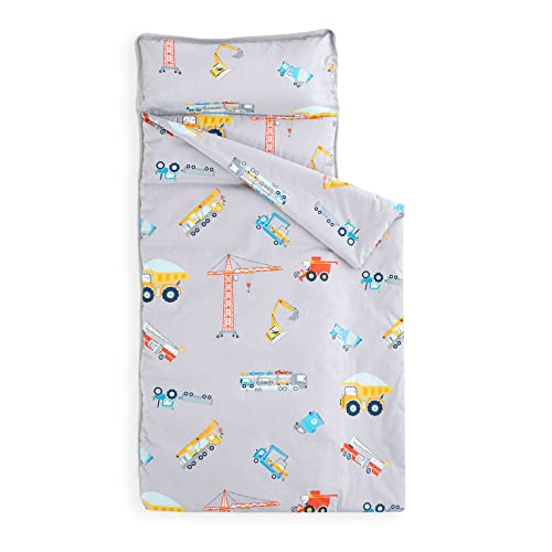 Wake In Cloud - Nap Mat with Removable Pillow for Kids Toddler Boys Girls Daycare Preschool Kindergarten Sleeping Bag, Cars Cranes Excavators Trucks Printed on Gray, 100% Cotton with Microfiber Fill
