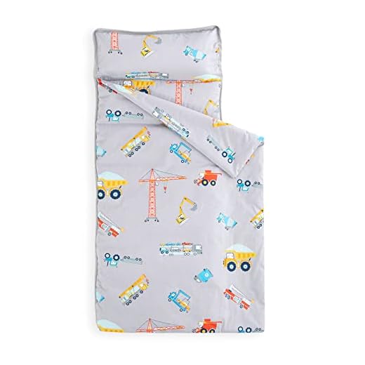 Wake In Cloud - Nap Mat with Removable Pillow for Kids Toddler Boys Girls Daycare Preschool Kindergarten Sleeping Bag, Cars Cranes Excavators Trucks Printed on Gray, 100% Cotton with Microfiber Fill