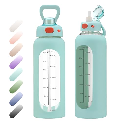 SIEROZUR 32 oz Glass Water Bottle with Straw and Handle 1 Liter Glass Water Bottle with Silicone Sleeve and Time Marker Sports Water Jug Wide Mouth for Travel Gym