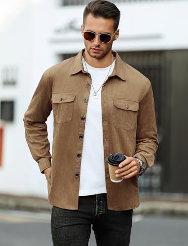 Image of ZAFUL Men's Faux Suede Button Down Shirts Jacket Lightweight Shirt Jacket Long Sleeve Work Coat Solid Color Overshirt