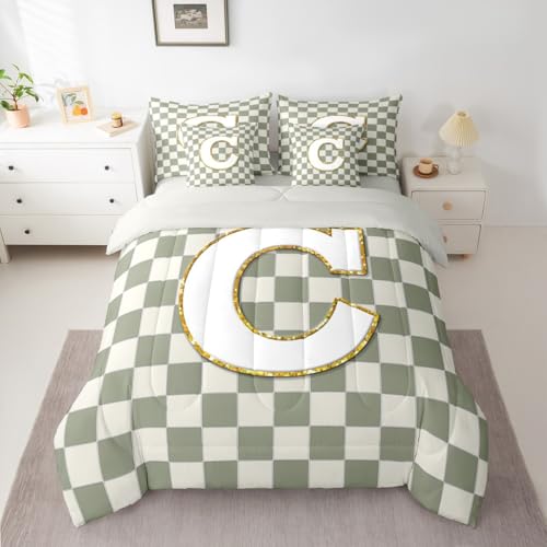 Image of Erosebridal Sage Green Checkered Queen Bedding Set 7 Piece Plaid Initial C Bed in A Bag with Sheets Personalized Monogram Comforter Set for Kids Adults,Fashion Grids Gingham Bed Sets