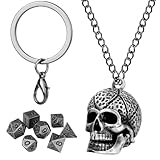 Mini DND Dice Set with Skull Head Metal Cage Portable Keychain Necklace, Tiny 7pcs Polyhedral D&D Dice Set, DND Gifts with Gift Box, Role Playing Board Games Accessories, Silver, Dark Silver
