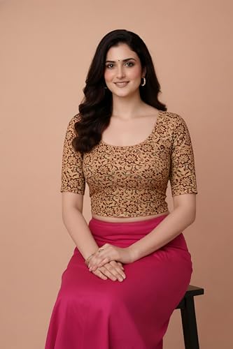 Image of Amazon Brand - Anarva Women's Kalamkari Print Cotton Stretchable Round Neck Readymade Saree Blouse