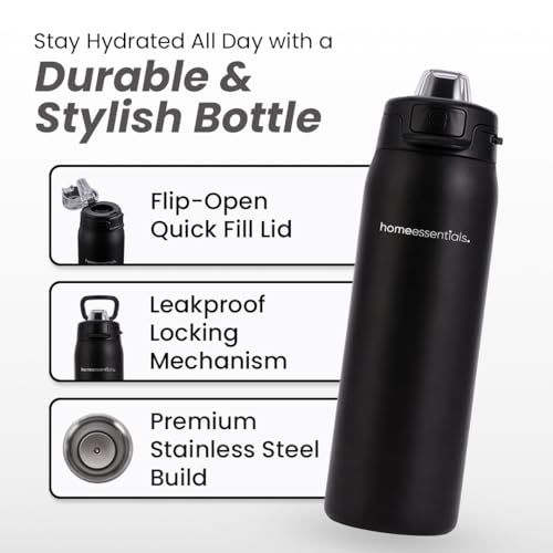 Image of HomeEssentials 950ML Insulated Water Bottle - 24h Cold /12h Hot - Leakproof Quick-Fill Lid & Easy-Carry Handle - Heavy Duty Stainless Steel Sports Flask