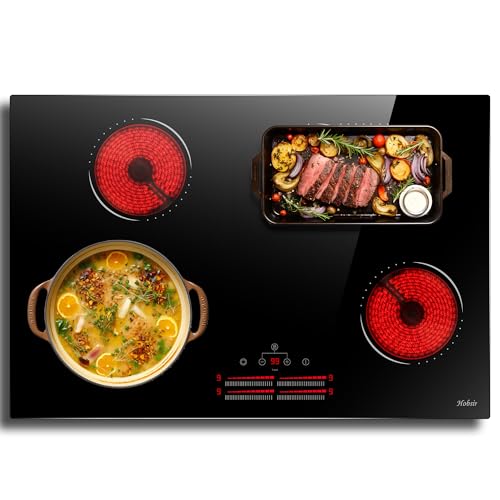 Hobsir Placa vitroceramica 4 fuegos 77 cm, Zona de expansión de doble bucle, Control deslizante，9 Niveles de potencia, Temporizador, Cierres de seguridad, 220V~240V, 6600 W