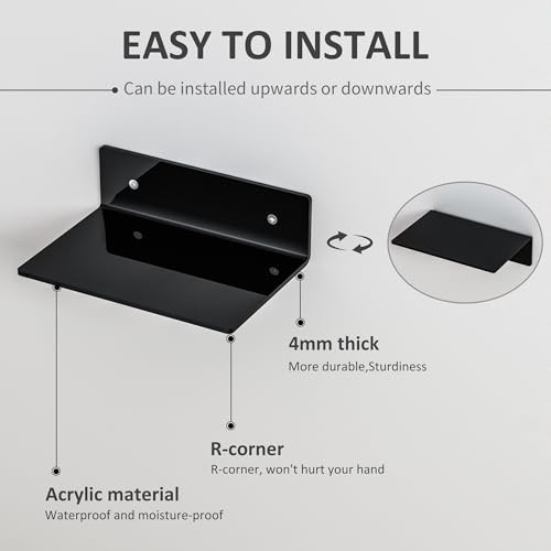 Image of 9 Inch Black Wall Shelves 4 Pack, Acrylic Wall Mounting Ledges Display, Acrylic Display Wall Shelf for Funko Pop Figures, Collectibles, Plants, Decor, Toiletries, Spices Jars, 4 Pack