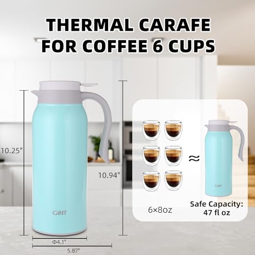 Image of GiNT 51 Oz Stainless Steel Thermal Coffee Carafe, Double Walled Vacuum Insulated Flask, 12 Hour Heat Retention, 1.5 Liter Tea, Water, and Coffee Dispenser (Upgraded version Blue)