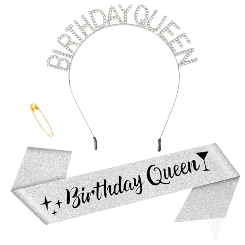 loghohu Birthday Sash for Women Birthday Crown Adult Woman Birthday Queen Sash Birthday Queen Sash and Crown Crystal Birthday Tiaras Silver Crown Queen Tiara for Wedding Prom Party Halloween