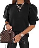 UNCLECAT Women's Puff Short Sleeve Sweaters Trendy Spring Fall Tops Casual Pullover Black