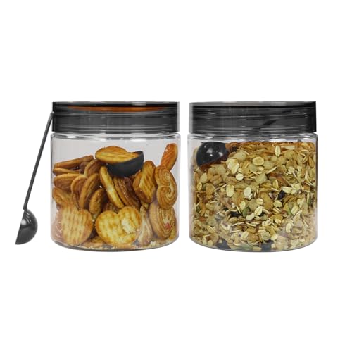 Image of PEARLPET Plastic Containers for Kitchen Storage | Plastic Container Set with Spoon | BPA-Free, Stackable Jars | Black, 750 ML (Set of 2)