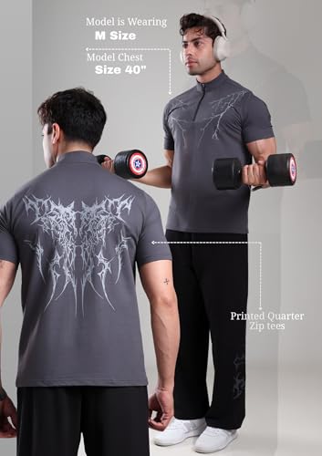 Image of GROW Stylish Gym T Shirts for Men Workout | Cotton and Spandex Quarter Zip Back Printed Collar T Shirts for Men Half Sleeves