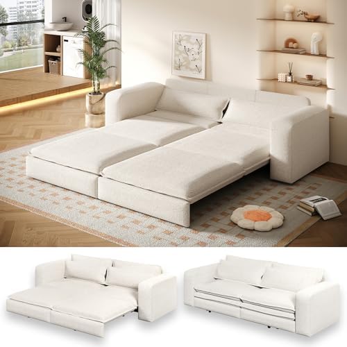 93" King Pull Out Sofa Bed, 3 in 1 Convertible Sleeper Sofa Couch, Comfy 3 Seater Sleeper Bed with 2 Pillows, Modern Upholstered Sherpa Fleece Futon Couches for Living Room, Bedroom, Beige