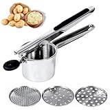 Prensador de patatas de acero inoxidable con platos intercambiables, triturador manual para patatas, batatas, zanahorias y más (base intercambiable negra)