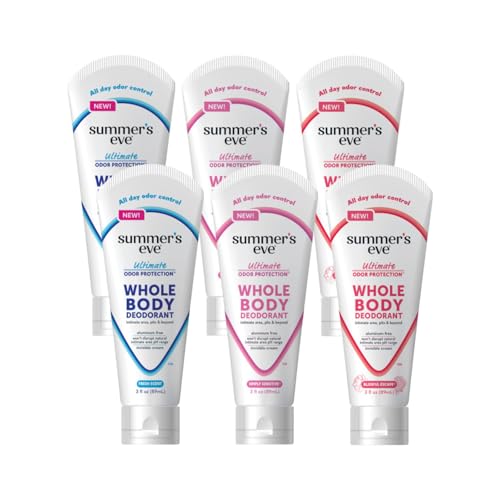 Summer’s Eve Ultimate Odor Protection Whole Body Deodorant Cream, Fresh Scent, Simply Sensitive &amp; Blissful Escape, All Day Odor Control, Aluminum Free, 3 Ounce Each (Variety Pack of 6)