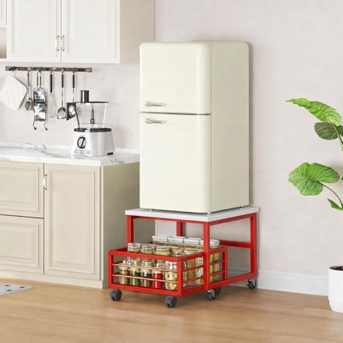 Image of 58346 Mini Fridge Stand with Movable Storage Basket, Mini Fridge Cabinet with Wheels and Adjustable Feet, Sturdy Metal Frame, for Home, Apartment, Office, Red