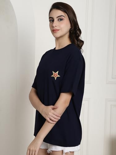 Image of Fabflee Oversized Cotton Baggy Drop Shoulder Graphic Tee with Half Sleeves | Korean Casual Loose T-Shirt for Women