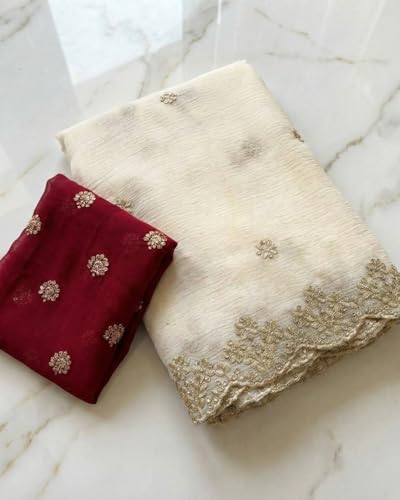 Image of Handcrafted Floral Embroidered Saree with Contrast Blouse