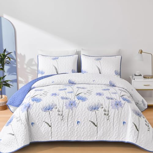 Dinjoy Floral Quilt Set Queen,Blue Bedspreads Queen Size 3 Pieces