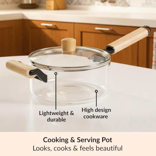 Image of Nestasia Glass Cooking Pot with Lid on Gas Stove (2.5L) - Borosilicate Glass Casserole with Steam Vent for Cooking | Microwave & Dishwasher Safe, Lightweight & Durable Glass Cookware