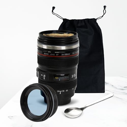 MINMALLIFE Camera Lens Mug - Photographer Gifts Lens Coffee Cup, Stainless Steel Black Camera Cup with Leakproof Lid Real Looking Lens, Gifts for Photographers, Novelty Coffee Mugs, Travel Coffee Cup